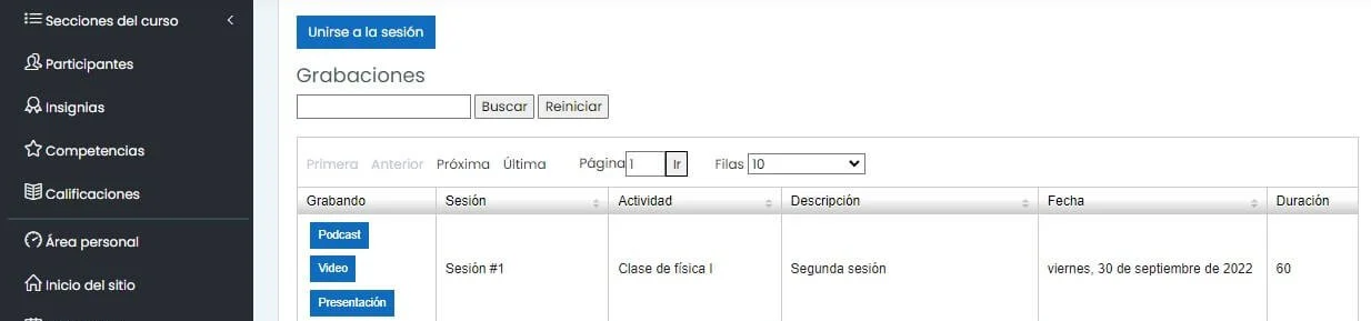 Pantallazo de lista de grabaciones BigBlueButton en Moodle