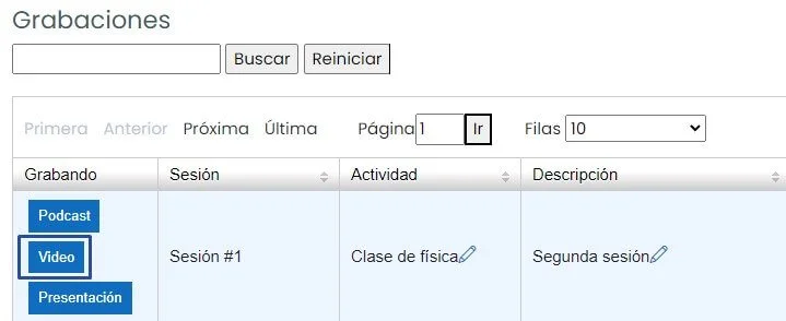 Pantallazo de formato de grabación descargable BigBlueButton