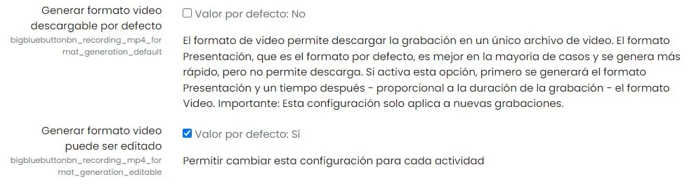 Parámetros globales de BigBlueButton en Moodle para generar grabaciones mp4 