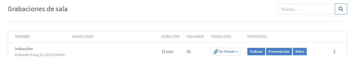 Pantallazo de lista de grabaciones BigBlueButton desde Greenlight