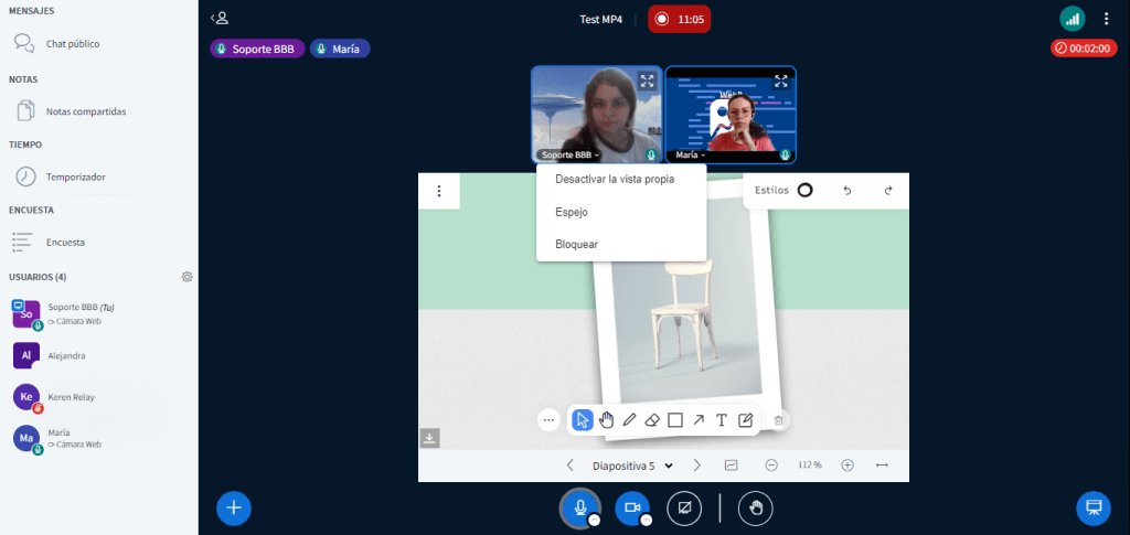 Interfaz de BigBlueButton durante una sesión virtual mostrando opciones de desactivar vista propia de la cámara