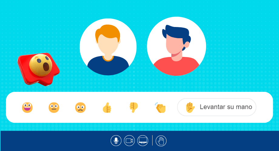 Interfaz de usuario de BigBlueButton mostrando avatares y opciones de reacciones y gestos.