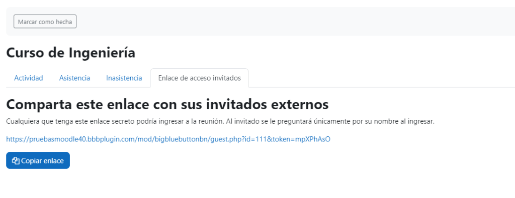 Enlace de acceso para invitados externos a un curso en Moodle, permitiendo compartir el enlace para ingresar a la reunión.