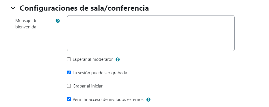 Configuraciones de sala/conferencia en BigBlueButton, con opción de permitir el acceso de invitados externos.