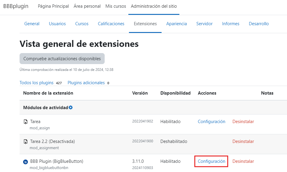 Vista general de extensiones en Moodle, destacando la opción de configuración de BBB plugin BigBlueButton