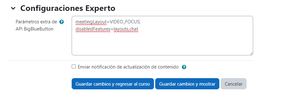 Parámetros extra a nivel global y a nivel actividad como deshabilitar chats o encuestas