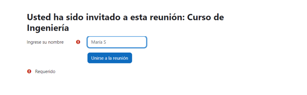 Invitación a una reunión de BigBlueButton en donde se solicita ingresar el nombre para unirse a la reunión