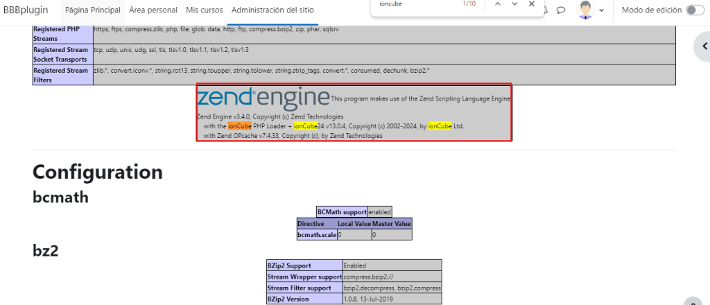 Captura de pantalla que muestra el uso del motor Zend Engine v3.4.0 y el cargador ionCube PHP Loader v13.0.4.