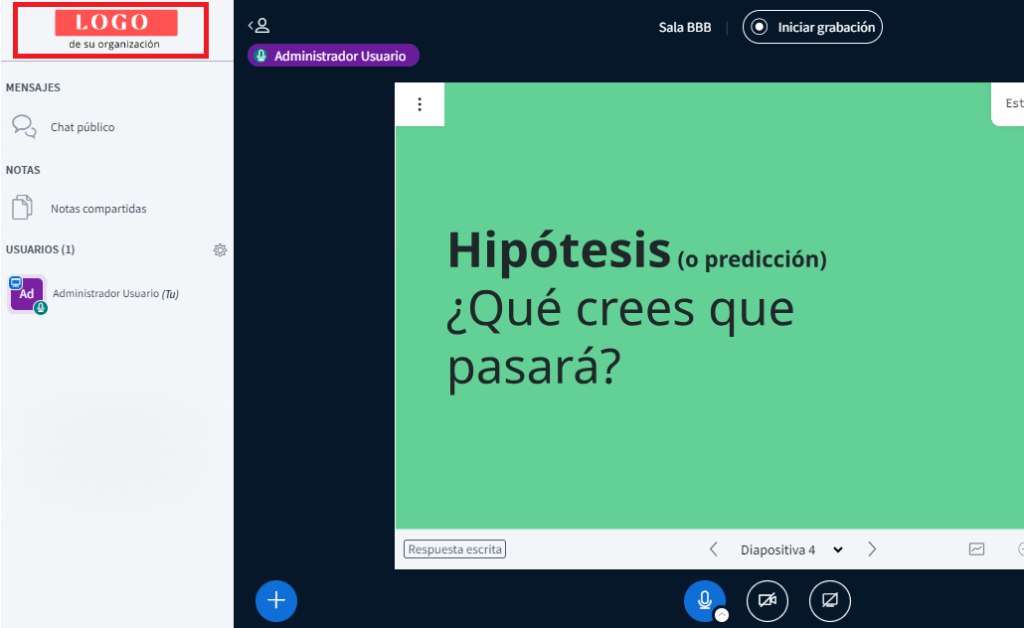Sesión de BigBlueButton mostrando el logo de la organización en la esquina superior izquierda.