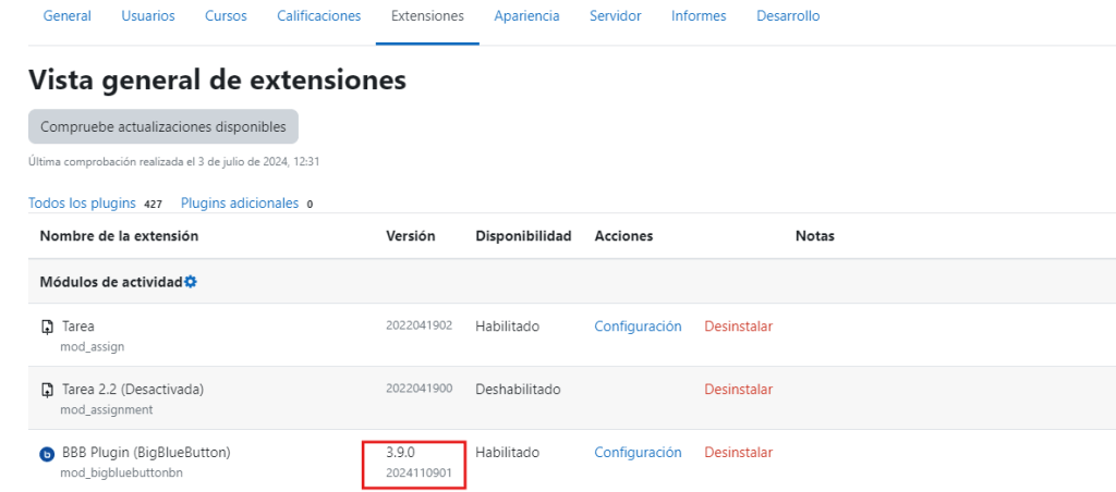 Captura de pantalla que muestra la versión del plugin BBB en Moodle, que es la versión 3.9.0.