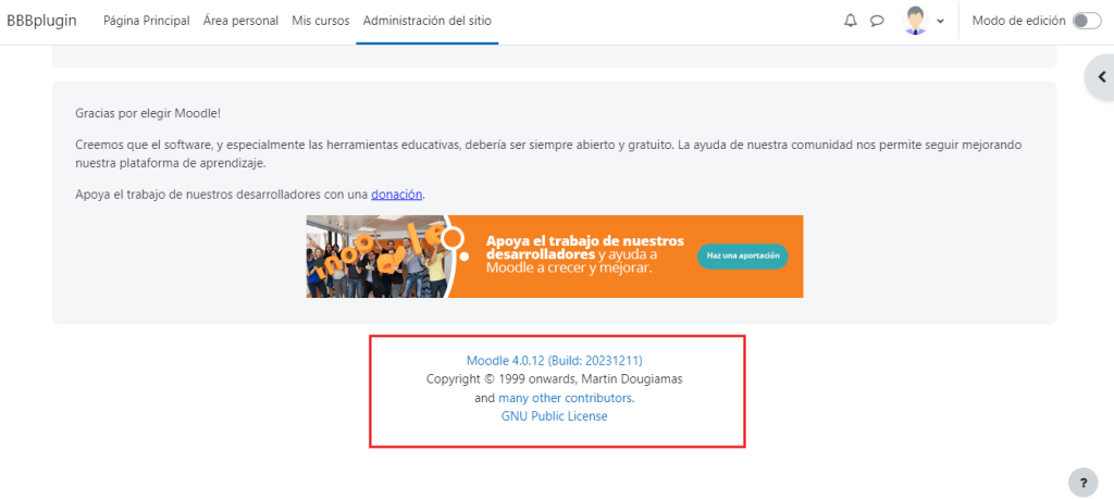 Captura de pantalla que muestra la versión de Moodle 4.0.12 (Build: 20231211).