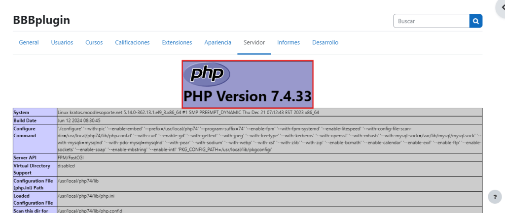 Captura de pantalla que muestra la versión de PHP 7.4.33.