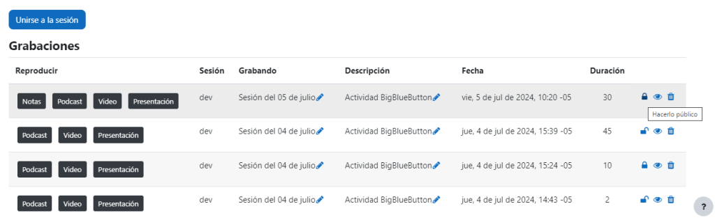 Lista de grabaciones de sesiones de BigBlueButton con opción para hacer públicas las grabaciones.