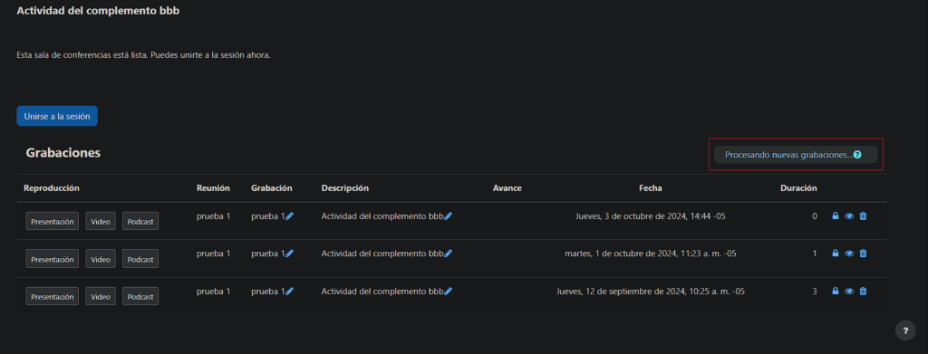 Mensaje en Moodle mostrando que una grabación está siendo procesada.