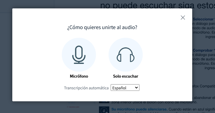 Ventana emergente en bigbluebutton que pregunta cómo unirse al audio y con un menú desplegable para seleccionar el idioma de transcripción automática.