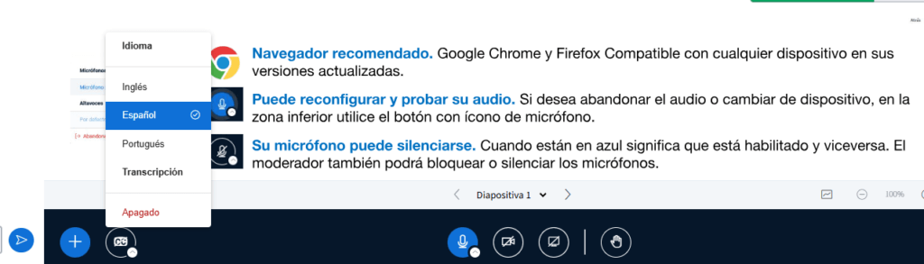 Barra de herramientas inferior donde se muestra el menú desplegable para seleccionar el idioma de transcripción.