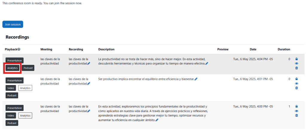 Vista del nuevo formato Analytics junto a los otros formatos disponibles en una grabación