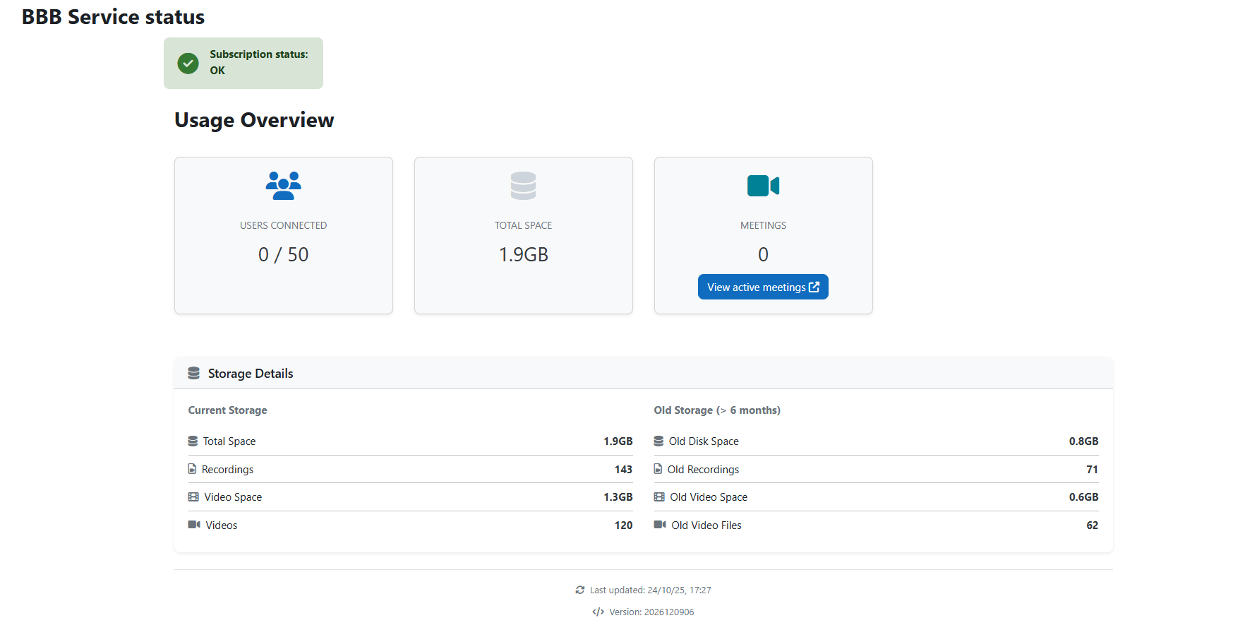 Control panel showing the BigBlueButton service status with subscription information, storage usage, and number of meetings