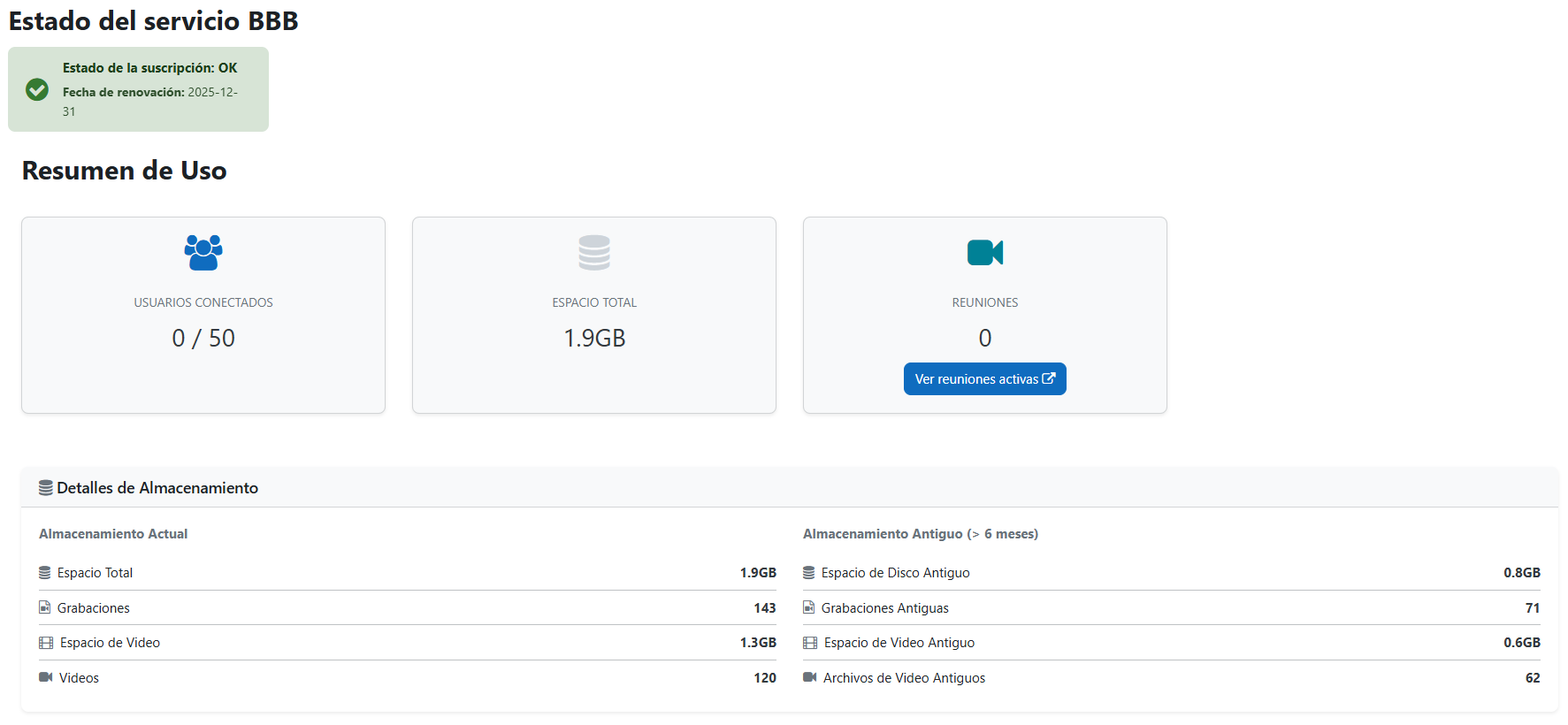 Panel de control que muestra el estado del servicio BigBlueButton con información de suscripción, uso de espacio y número de reuniones
