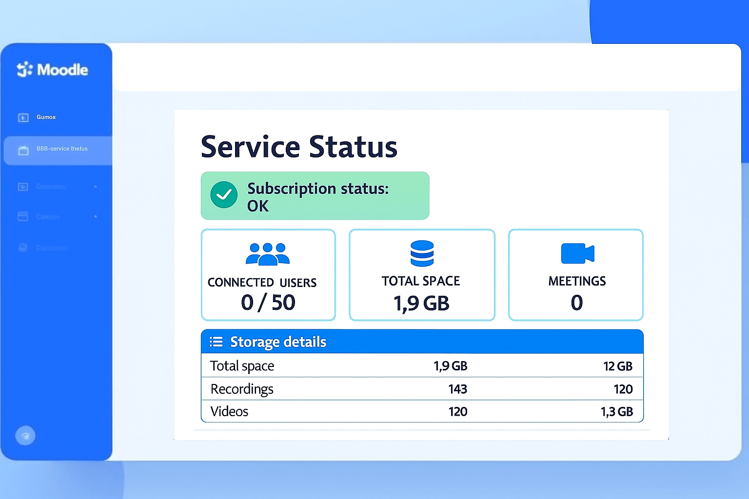 Status-moodle-En Control panel showing the BigBlueButton service status with subscription information, storage usage, and number of meetings.